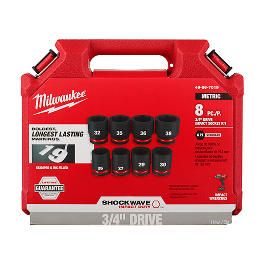 Milwaukee 8PC SHOCKWAVE Impact Duty™ 3/4&quot; Drive Metric 6 Point Socket Set, 26mm to 38mm
