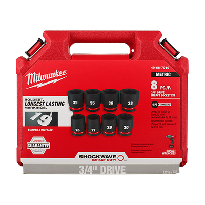 Milwaukee 8PC SHOCKWAVE Impact Duty™ 3/4&quot; Drive Metric 6 Point Socket Set, 26mm to 38mm