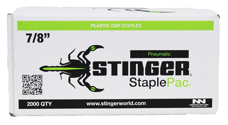 Stinger Cap Staples for CS150B, 7/8" Leg StaplePac, (1" Caps + 7/8" 18Ga Staples) 2000BX