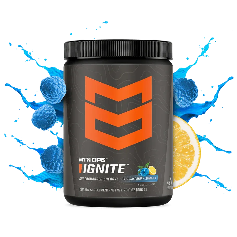 MTN OPS Ignite Energy Boost Blue Raspberry Dietary Supplement Drink Mix w/200mg Caffeine
