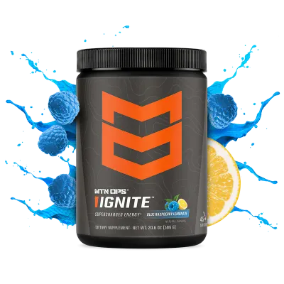 MTN OPS Ignite Energy Boost Blue Raspberry Dietary Supplement Drink Mix w/200mg Caffeine