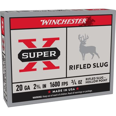 Winchester Super-X 20Ga Rifled Slug Ammo, 2-3/4&quot;, 3/4oz, 1600FPS   5Ct