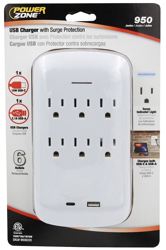 PowerZone ORPBUC013 White USB Charger with Surge Protection and  A/C Outlets