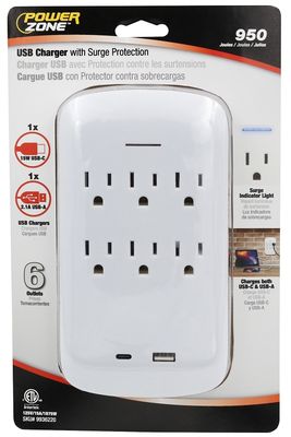 PowerZone ORPBUC013 White USB Charger with Surge Protection and  A/C Outlets