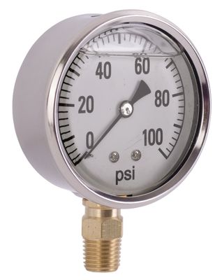 Liquid Filled 2&quot; Bottom Mount Pressure Gauge, 100PSI