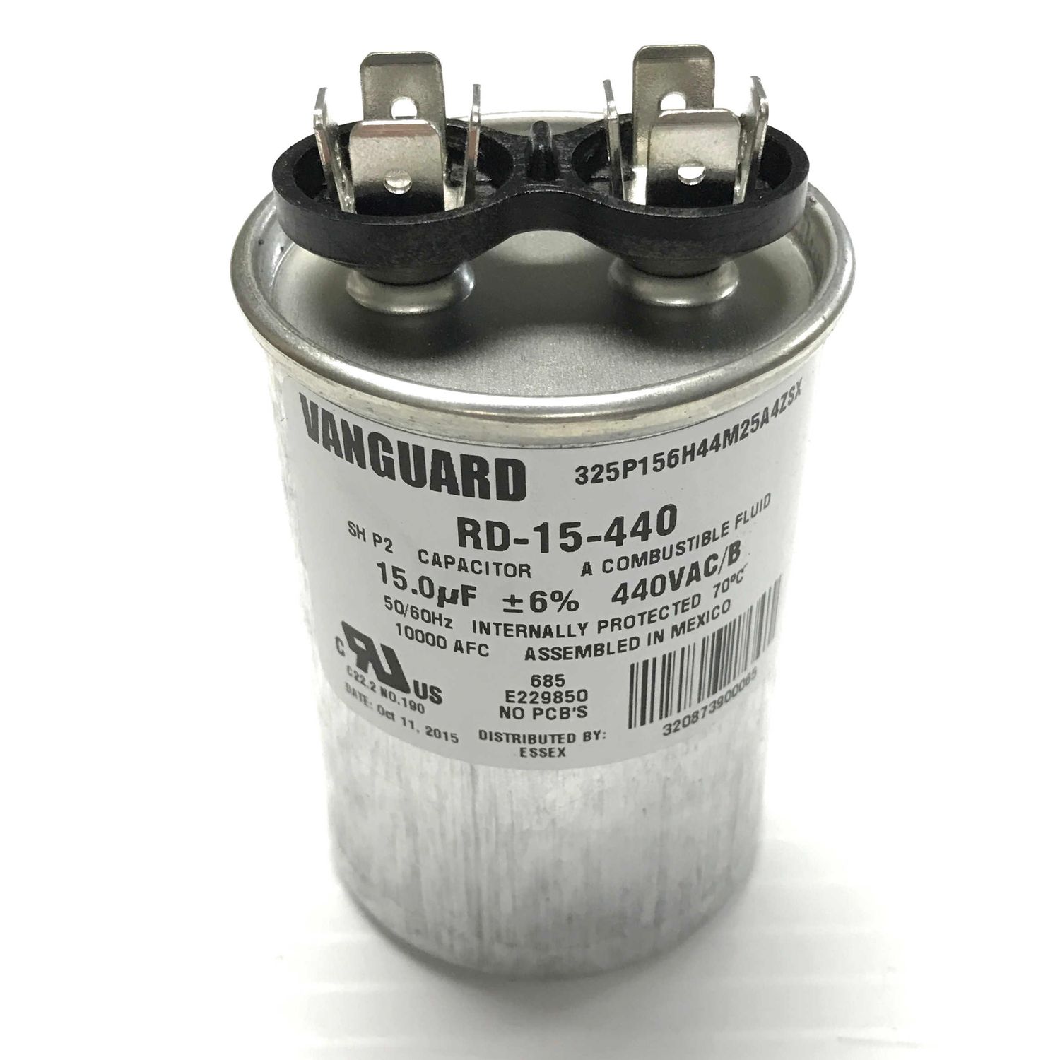 Vanguard Run Capacitor, 370-440 Vac, 15 µF, 50-60Hz, 10,000AFC, Internally Protected, 70°C