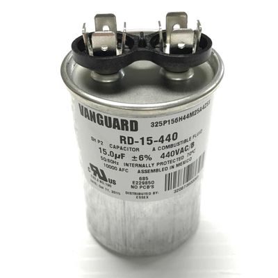 Vanguard Run Capacitor, 370-440 Vac, 15 µF, 50-60Hz, 10,000AFC, Internally Protected, 70°C