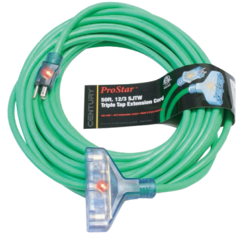 Green Pro-Style Extension Cord, 12/3X100Ft  w/Tri-Tap