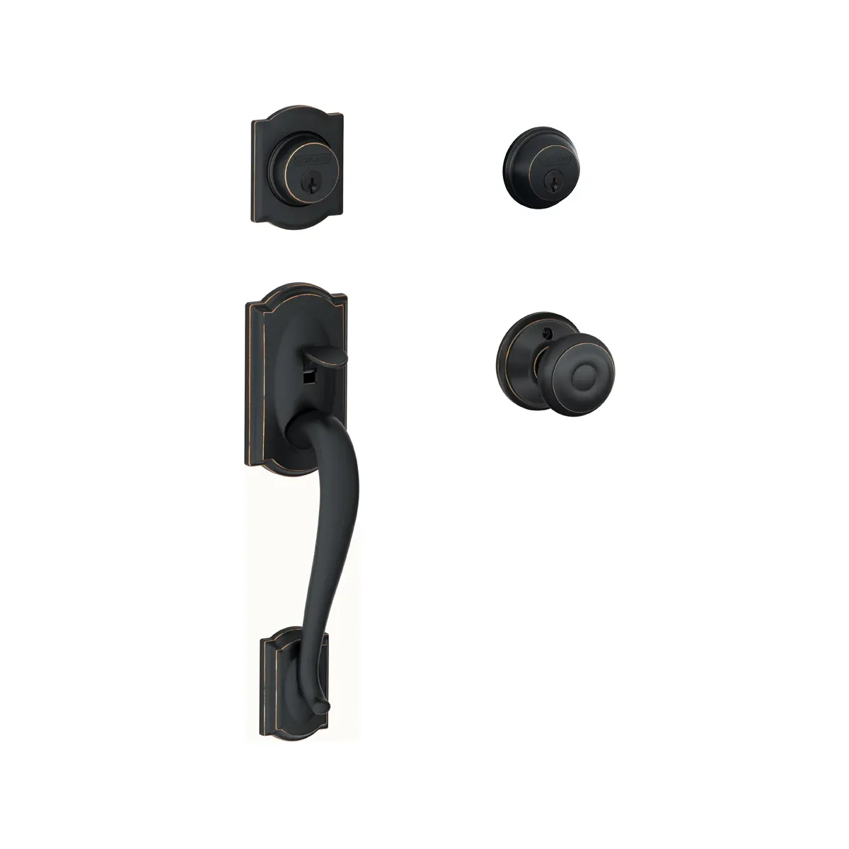 Camelot w/ Georgian Knob Double Cylinder Complete Handleset in Aged Bronze