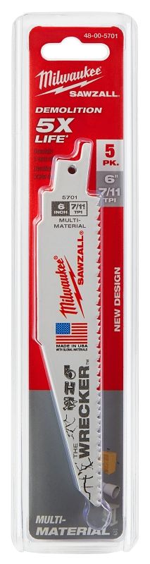 Milwaukee 48-00-5701 &quot;The Wrecker&quot; SawzAll Blade, 6&quot; 7/11TPI, 5Pk