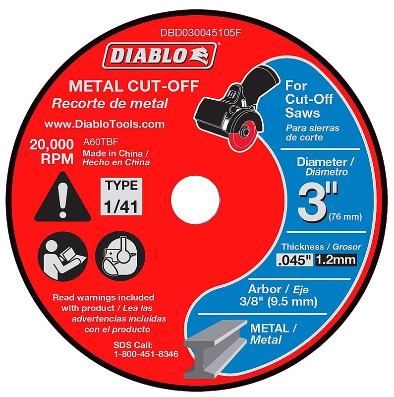 Diablo DBD030045105F Cut-Off Disc, 3 in Dia, 0.045 in Thick, 3/8 in Arbor, 5Pk