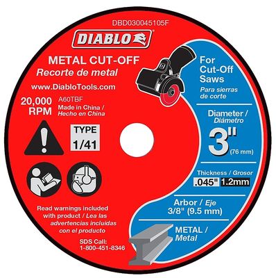 Diablo DBD030045105F Cut-Off Disc, 3 in Dia, 0.045 in Thick, 3/8 in Arbor, 5Pk