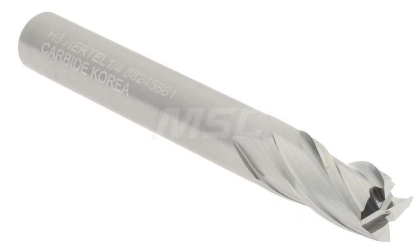 Hertel Square End Mill: 1/4&quot; Dia, 1/2&quot; LOC, 4 Flute, Solid Carbide