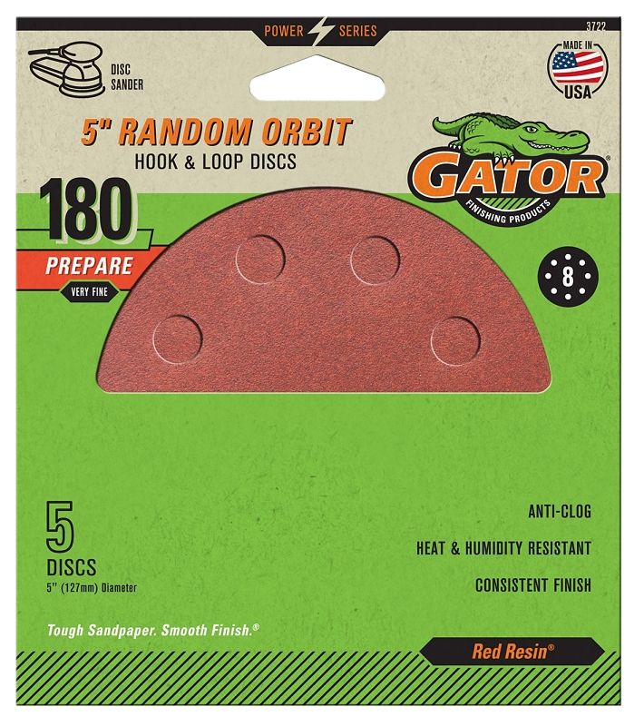 Gator 3722 H&amp;L Sanding Discs, 5&quot; 8-Hole 180G, 5Pk