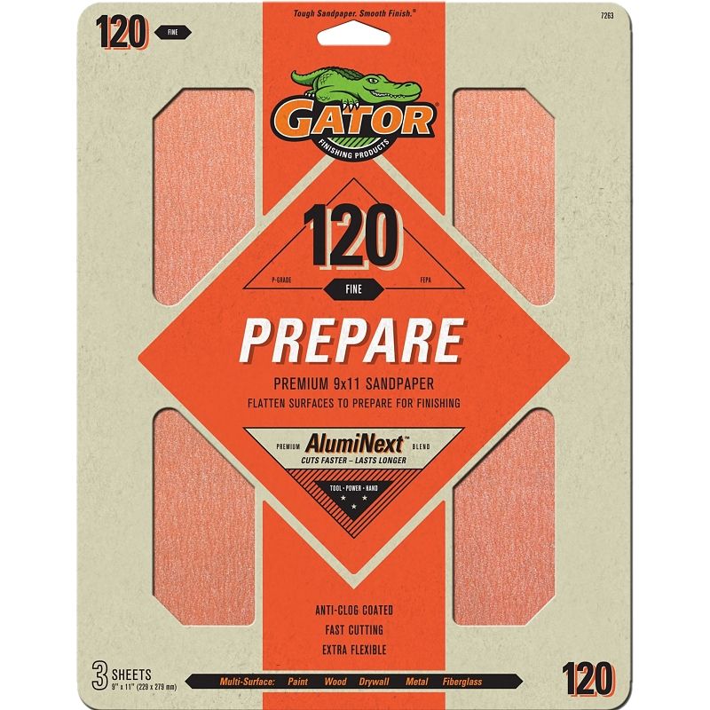 Gator 7263 Sanding Sheets, 9&quot;X11&quot; 120Grit, 3Pk