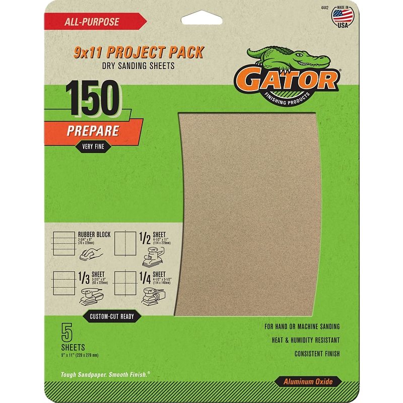 Gator 4442 Aluminum Oxide Sandpaper, 150G 5Pk