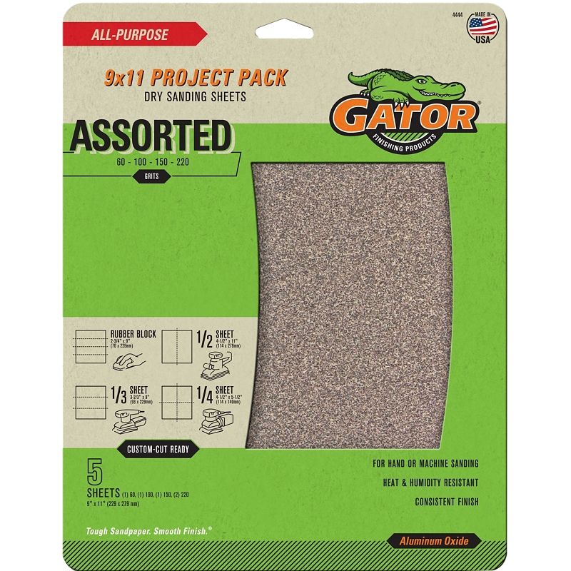 Gator 4444 Asst. Aluminum Oxide Sandpaper, 9X11 5Pk