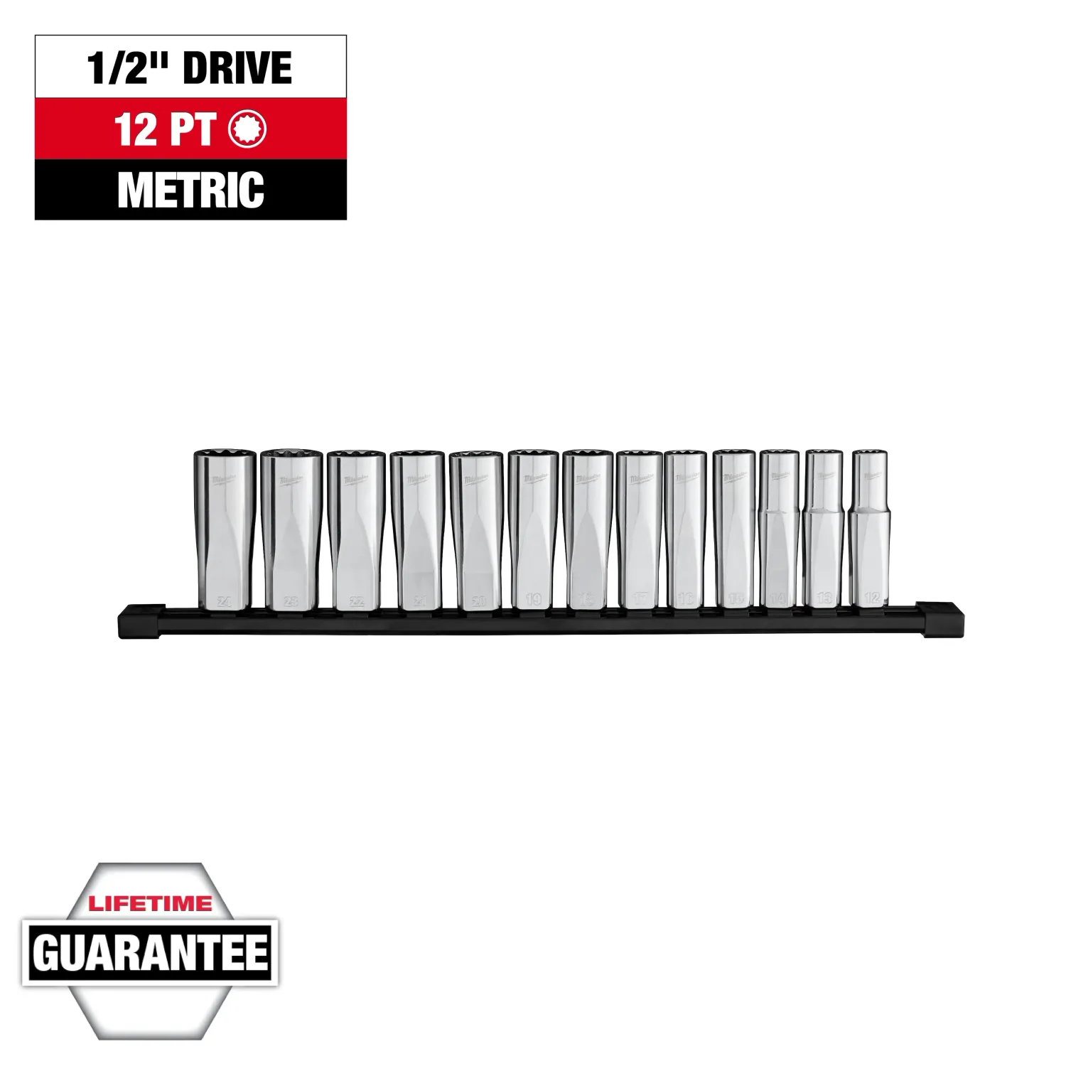 Milwaukee 13Pc METRIC DEEP 12-Point 1/2" Drive Socket Set, 12mm to 24mm on Rail