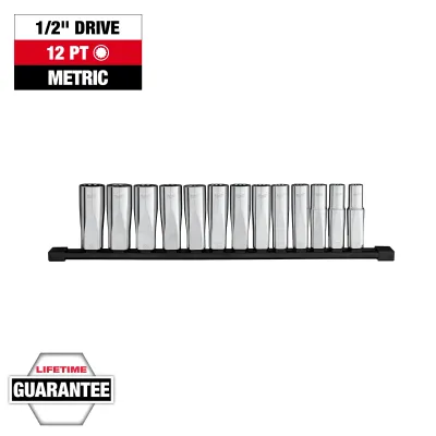 Milwaukee 13Pc METRIC DEEP 12-Point 1/2" Drive Socket Set, 12mm to 24mm on Rail