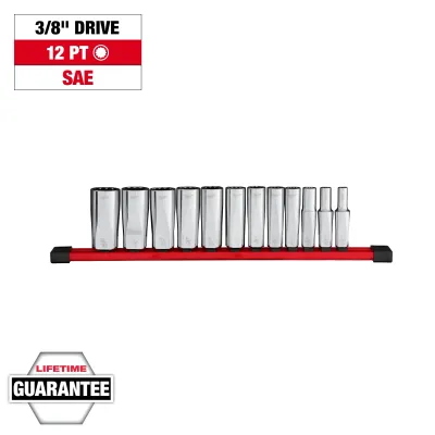 Milwaukee 12Pc SAE DEEP 12-Point 3/8" Drive Socket Set, 1/4" to 15/16" on Rail