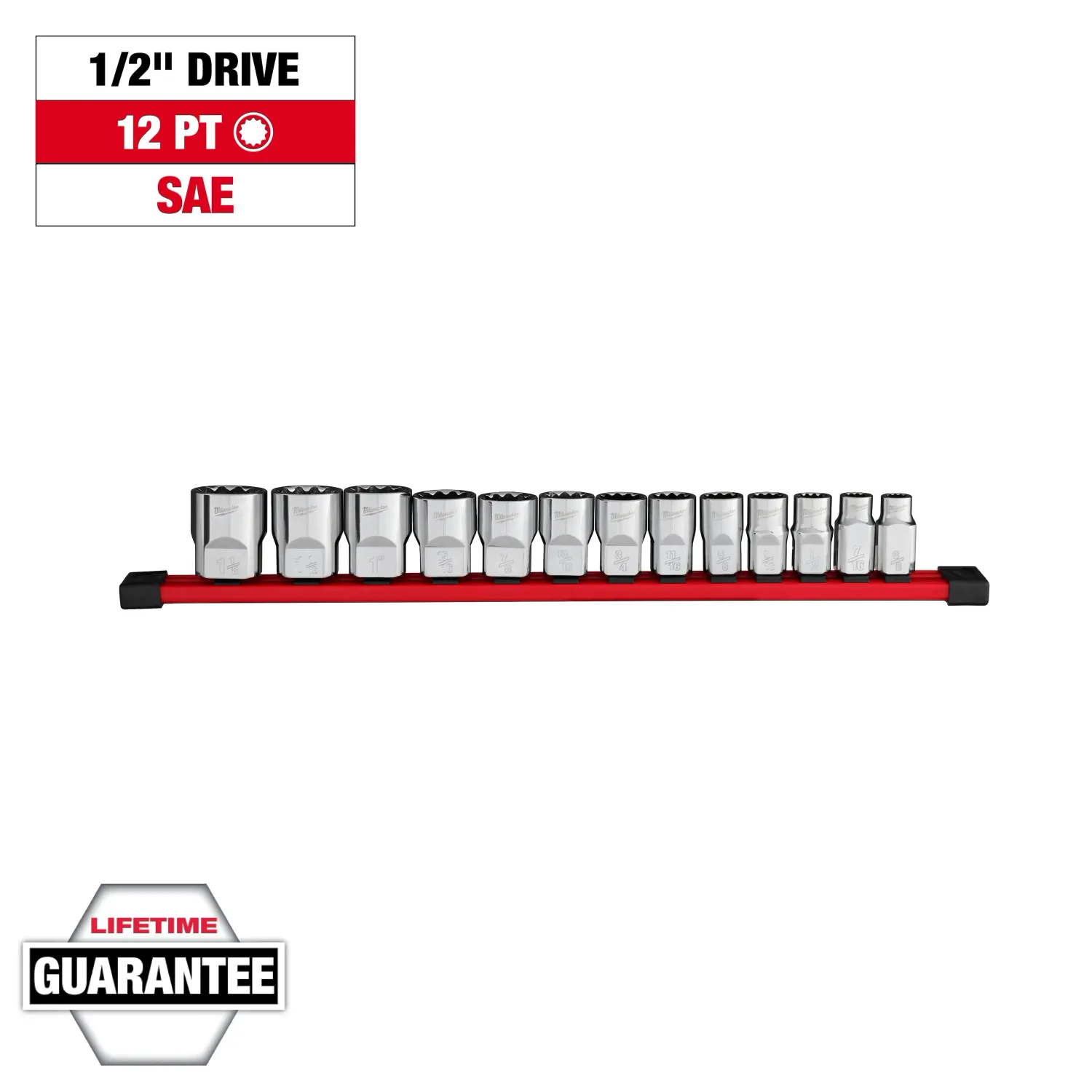 Milwaukee 12Pc SAE 12-Point 1/2" Drive Socket Set, 3/8" to 1-1/8" on Rail