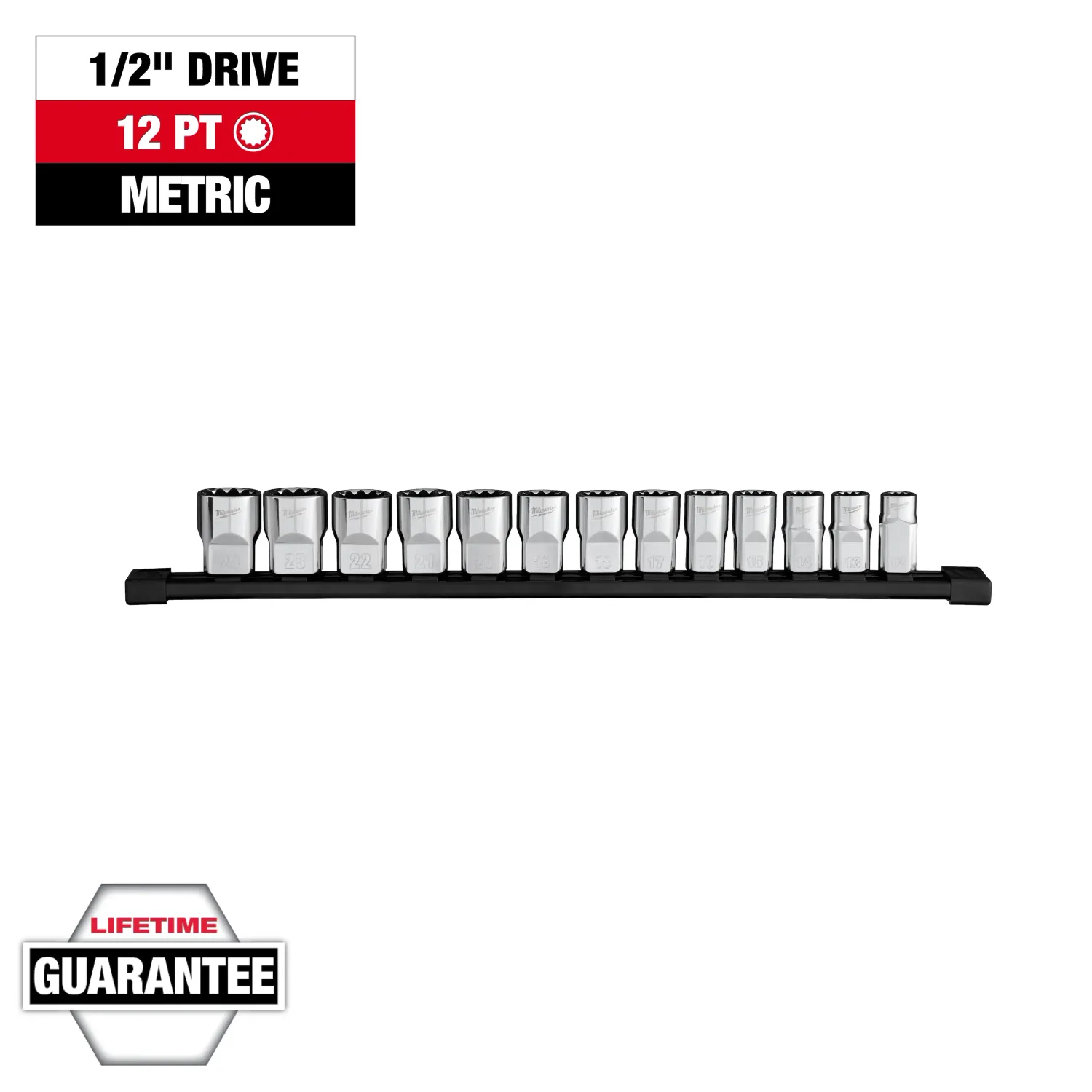 Milwaukee 13Pc METRIC 12-Point 1/2" Drive Socket Set, 12mm to 24mm on Rail