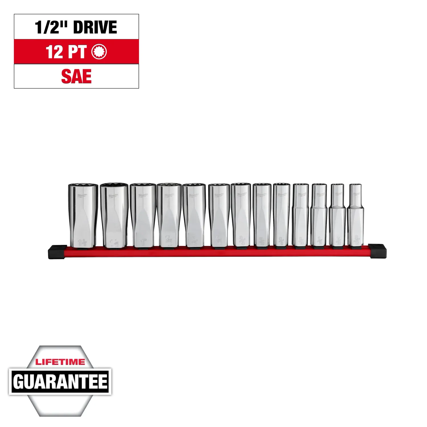 Milwaukee 13Pc SAE DEEP 12-Point 1/2" Drive Socket Set, 3/8" to1-1/8" on Rail