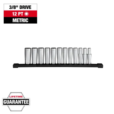 Milwaukee 12Pc METRIC DEEP 12-Point 3/8" Drive Socket Set, 8mm to 19mm on Rail