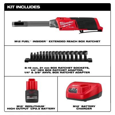 Milwaukee M12 Fuel INSIDER™ Extended Reach Box Ratchet Kit w/8-19mm &amp; 21mm Pass-Through Sockets