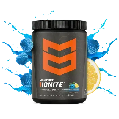 MTN OPS Ignite Energy Boost Blue Raspberry Dietary Supplement Drink Mix w/200mg Caffeine