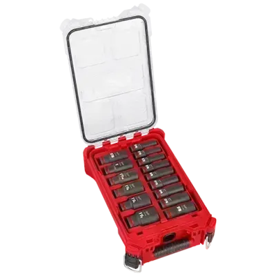 Milwaukee 15PC Shockwave® 1/2 DR Deep SAE Impact Socket Set in PackOut Kit, 3/8" to 1-1/2"