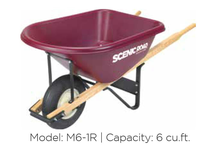 Scenic Road 6CF Wheelbarrow, 30" Wide Tray, Single Wheel w/ Rib Tread Tire