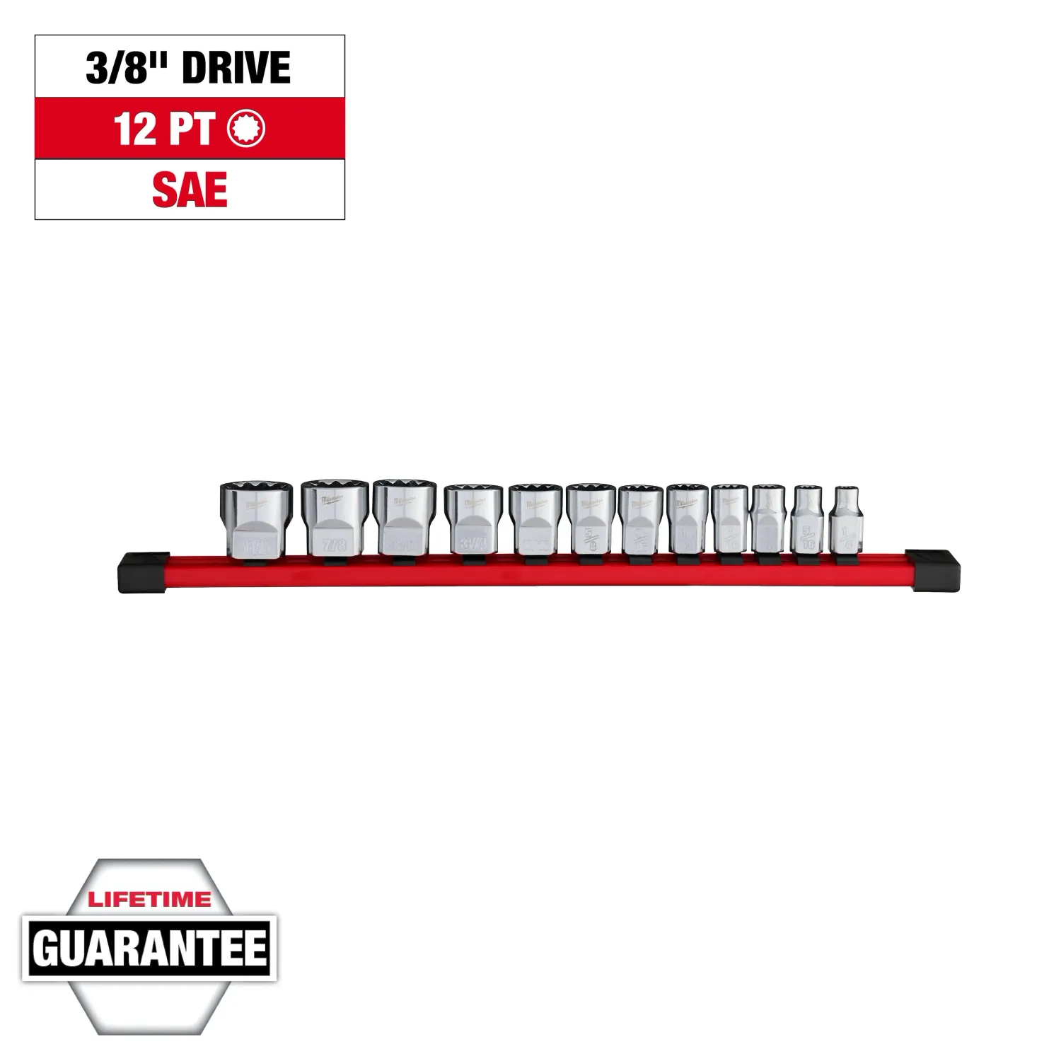Milwaukee 12Pc SAE 12-Point 3/8" Drive Socket Set, 1/4" to 15/16" on Rail