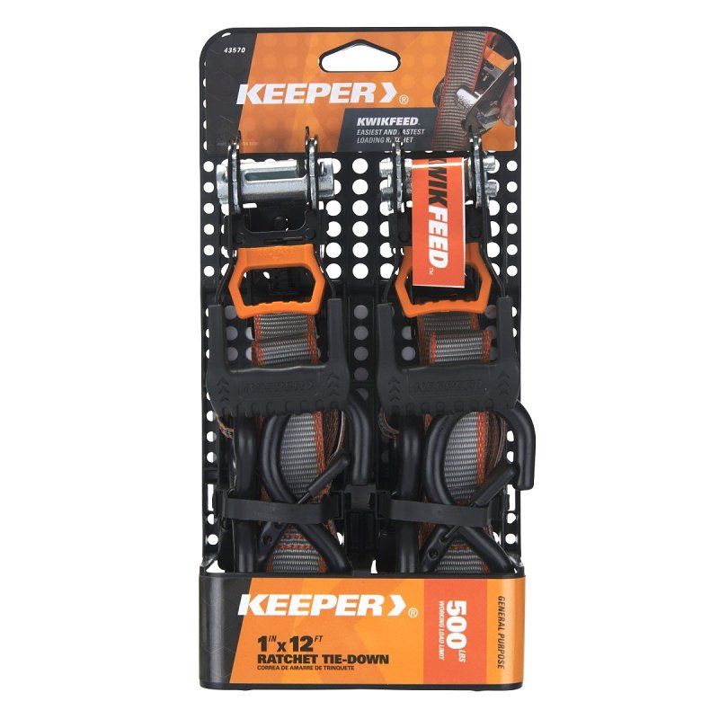 Keeper 43570 KwikFeed Cut-Resistant Ratchet Tie-down Straps, 1"X12FT, 500LB WLL   2PK