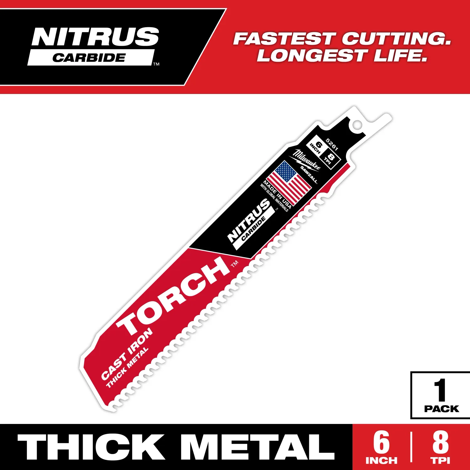 Milwaukee TORCH™ Nitrus Carbide™ Sawzall Blade for Cast Iron, 6" X 8TPI