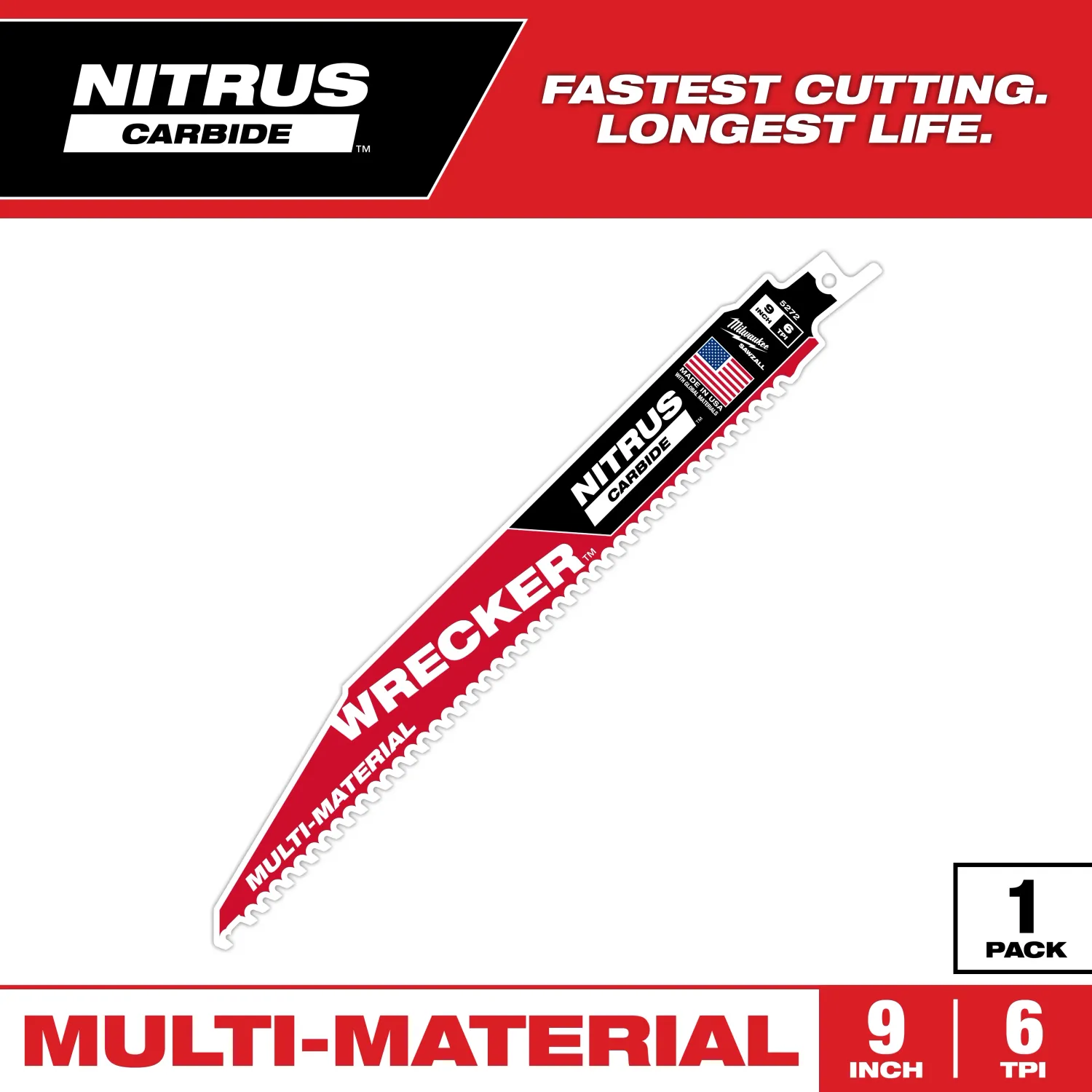 Milwaukee WRECKER™ Nitrus Carbide™ Sawzall Blade, 9" X 6TPI
