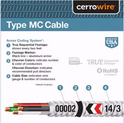 CerroWire MC Building Wire, 14/3MC-BX X 100Ft