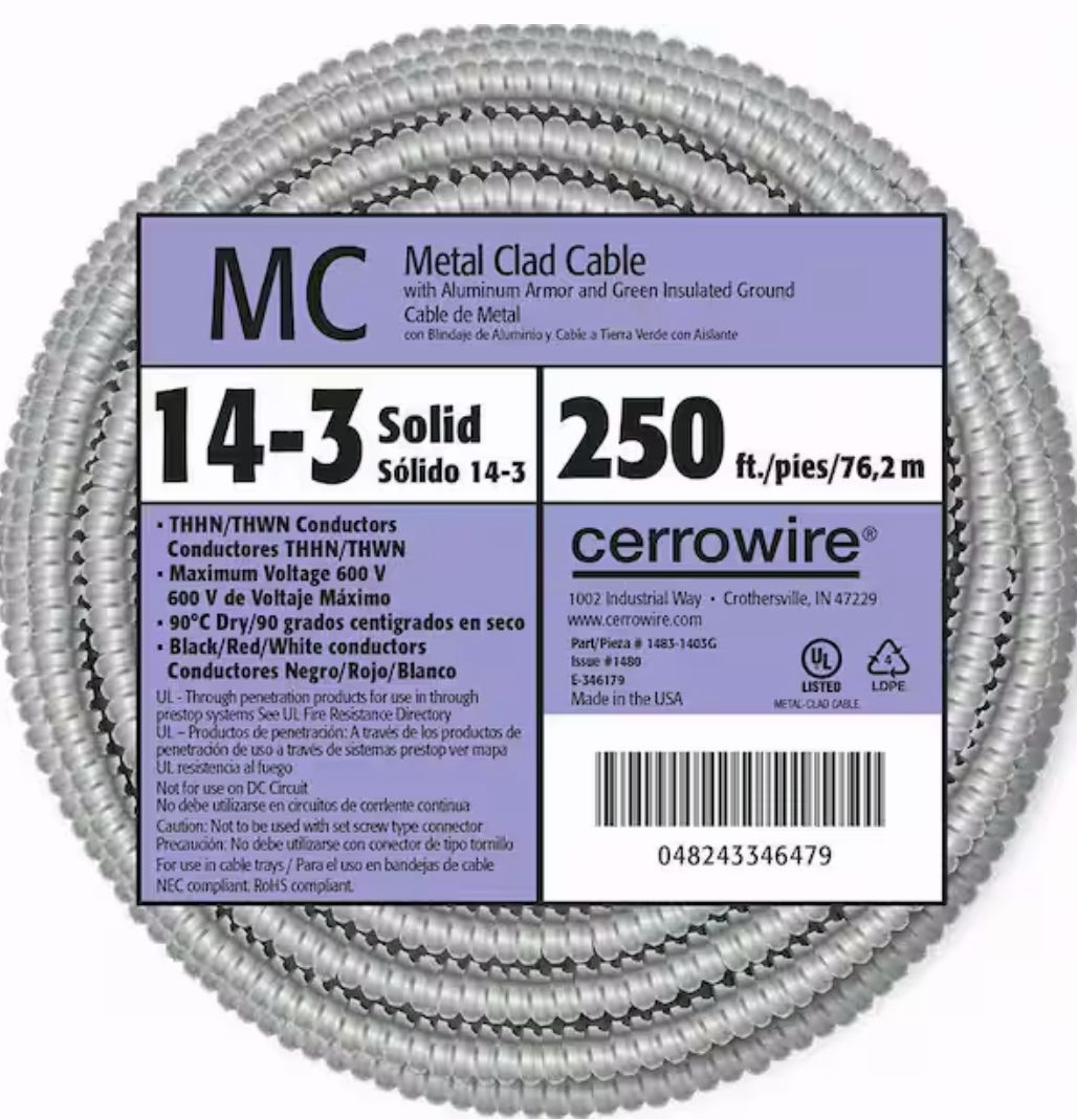 CerroWire MC Building Wire, 14/3MC-BX X 250Ft