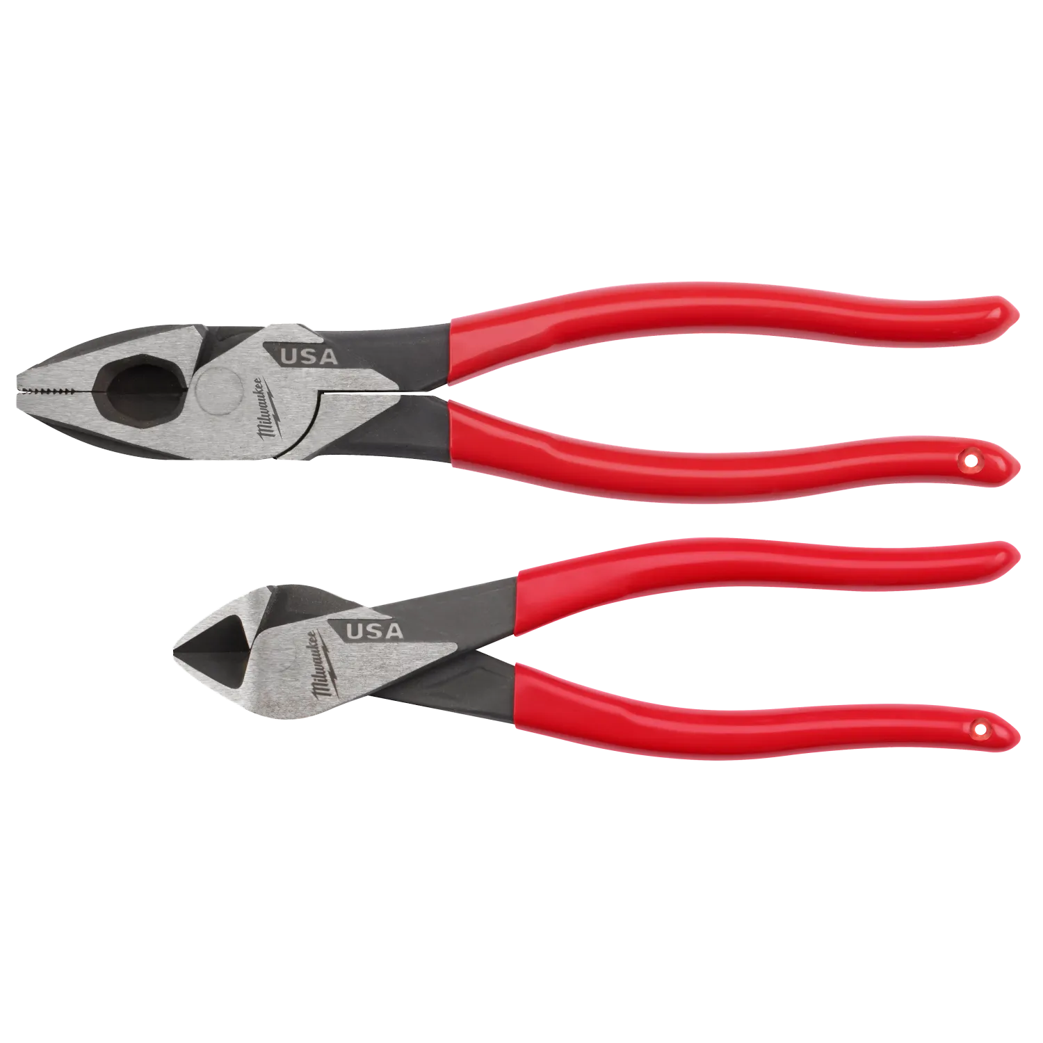Milwaukee 2PC USA Dipped Grip Pliers Set, 9" Lineman's Pliers &amp; 8" Diagonal Cutting Pliers