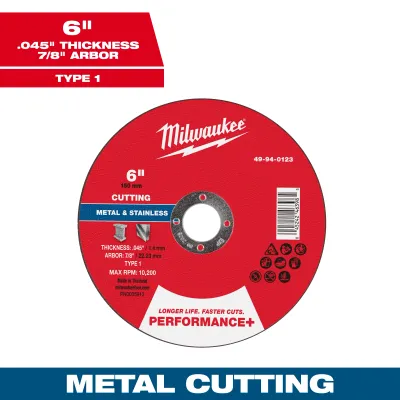 Milwaukee PERFORMANCE+ Metal Cut Off Wheel, 6" X .045" X 7/8" - Type 1