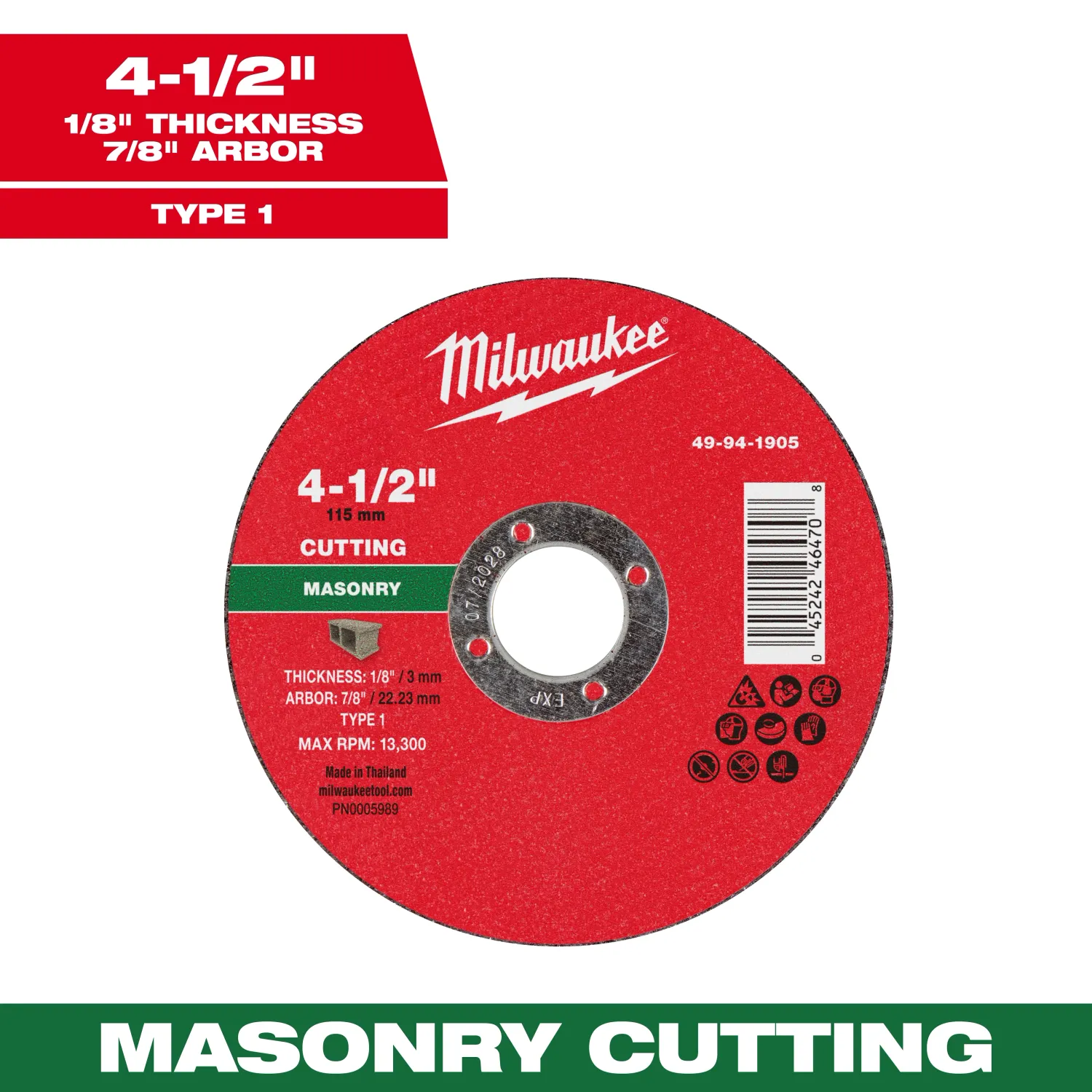 Milwaukee Masonry Cut Off Wheel, 4-1/2" X 1/8" X 7/8" - Type 1