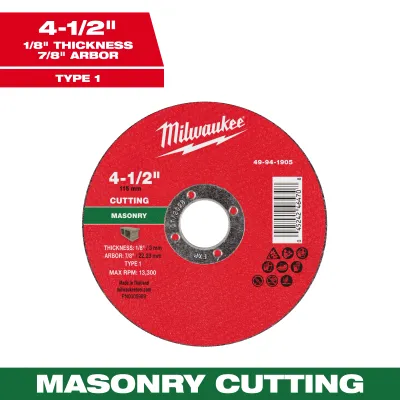 Milwaukee Masonry Cut Off Wheel, 4-1/2" X 1/8" X 7/8" - Type 1