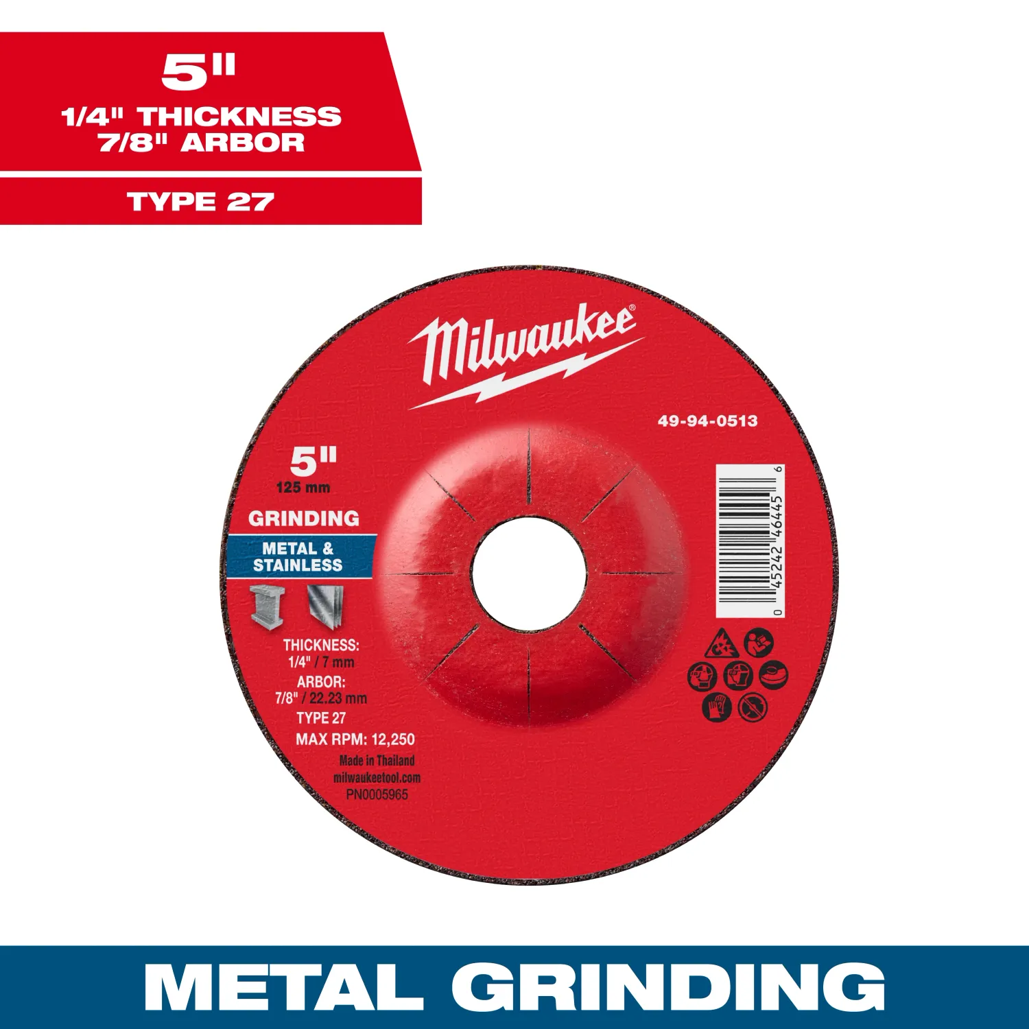 Milwaukee Metal Grinding Wheel, 5" X 1/4" X 7/8" - Type 27