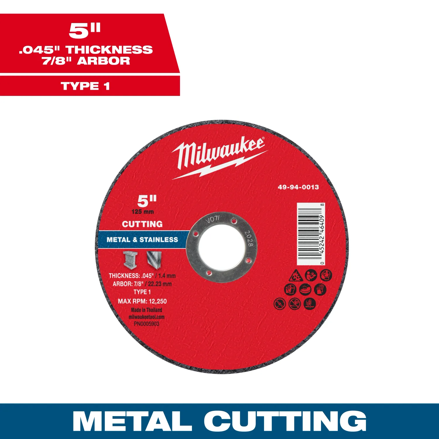 Milwaukee Metal Cut Off Wheel, 5" X .045" X 7/8" - Type 1