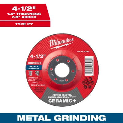 Milwaukee CERAMIC+ Metal Cut Off Wheel, 4-1/2" X .045" X 7/8" - Type 27