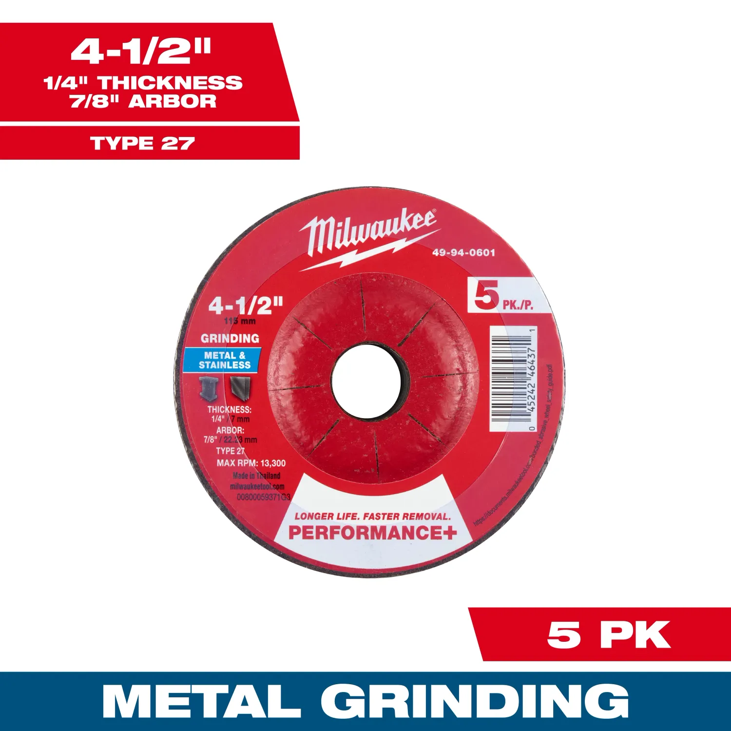 Milwaukee PERFORMANCE+ Metal Grinding Wheel, 4-1/2" X 1/4" X 7/8" - Type 27  5Pk