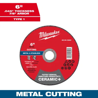 Milwaukee CERAMIC+ Metal Cut Off Wheel, 6" X .045" X 7/8" - Type 1
