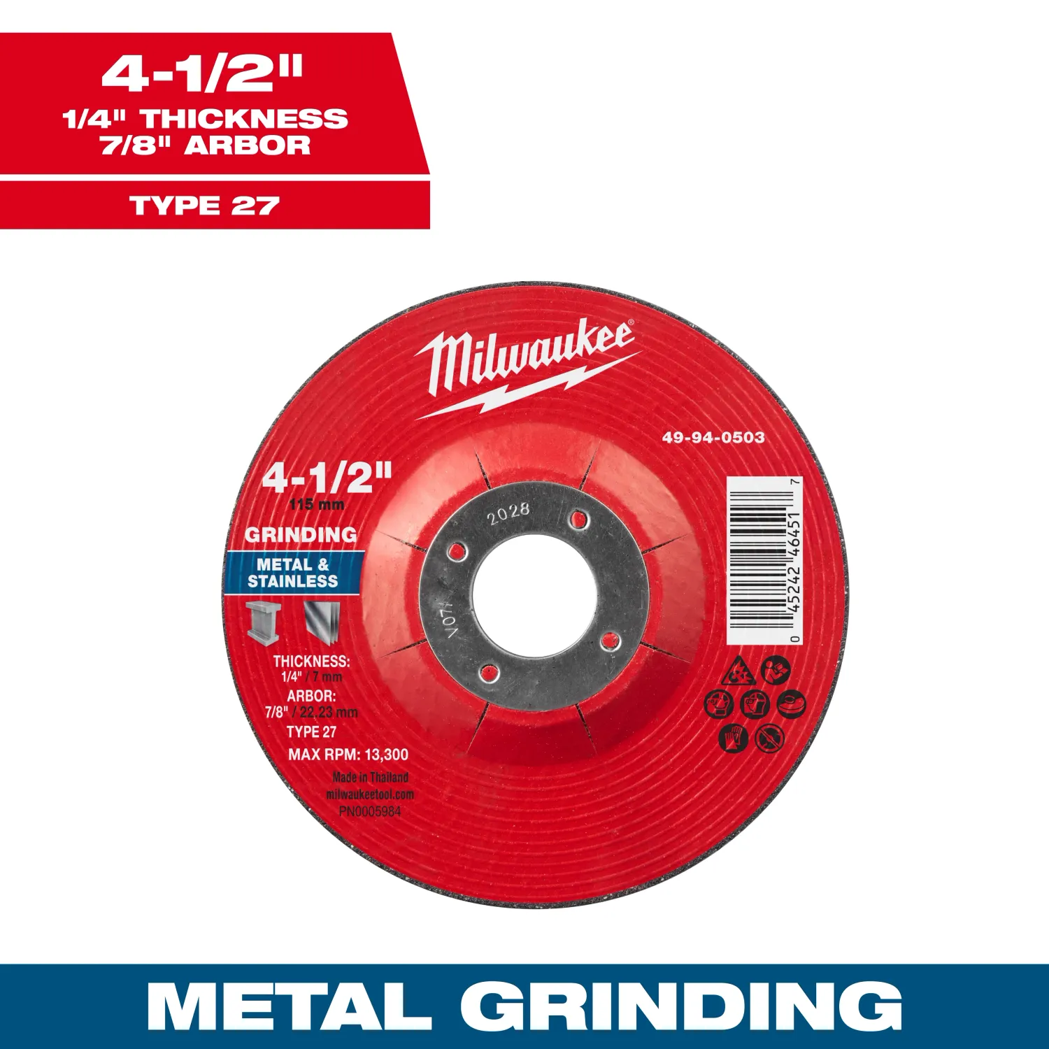 Milwaukee Metal Grinding Wheel, 4-1/2" X 1/4" X 7/8" - Type 27