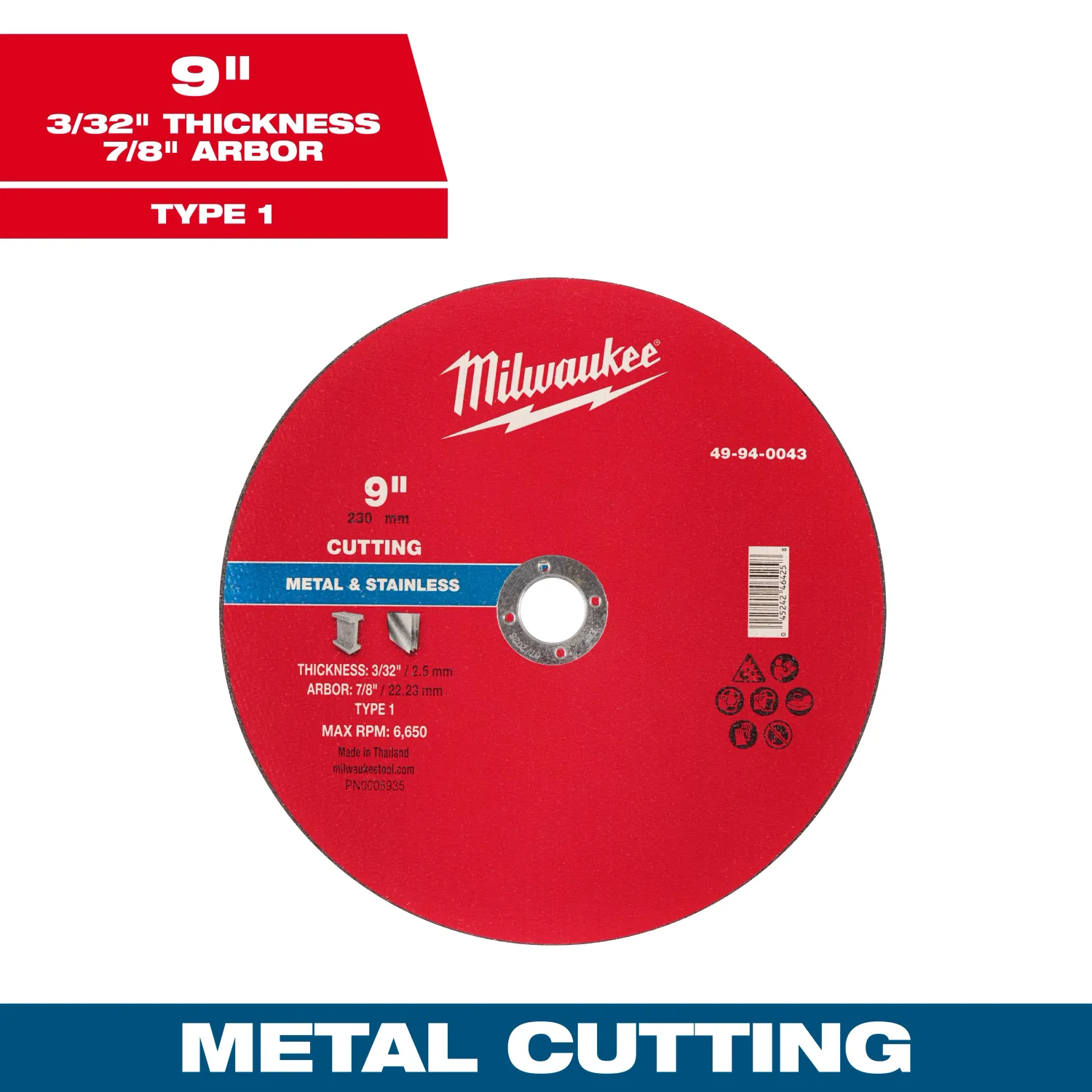 Milwaukee Metal Cut Off Wheel, 9" X 3/32" X 7/8" - Type 1