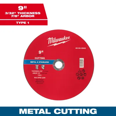 Milwaukee Metal Cut Off Wheel, 9" X 3/32" X 7/8" - Type 1